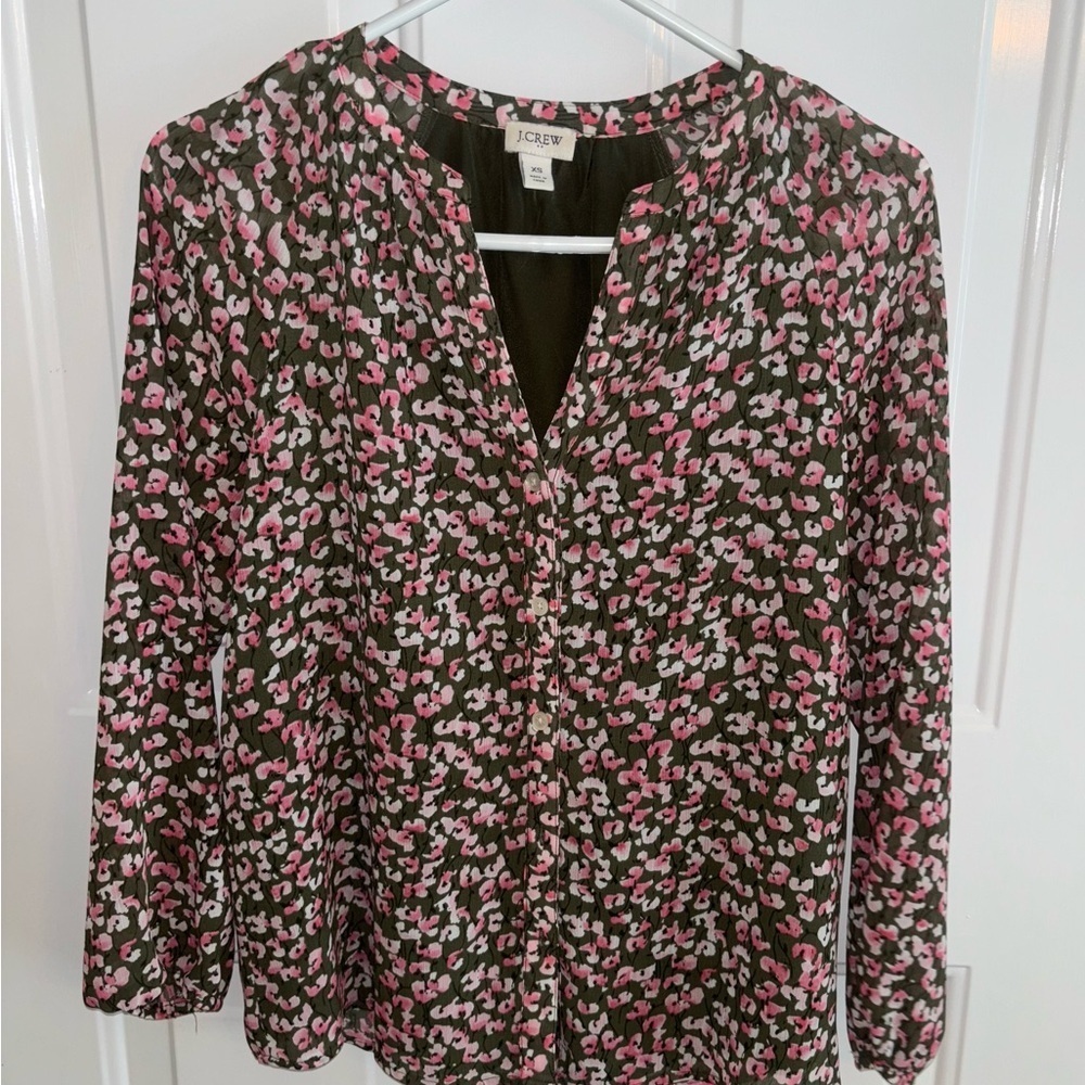 J.Crew XS Pink Green Floral Blouse Long Sleeve Lightweight Top